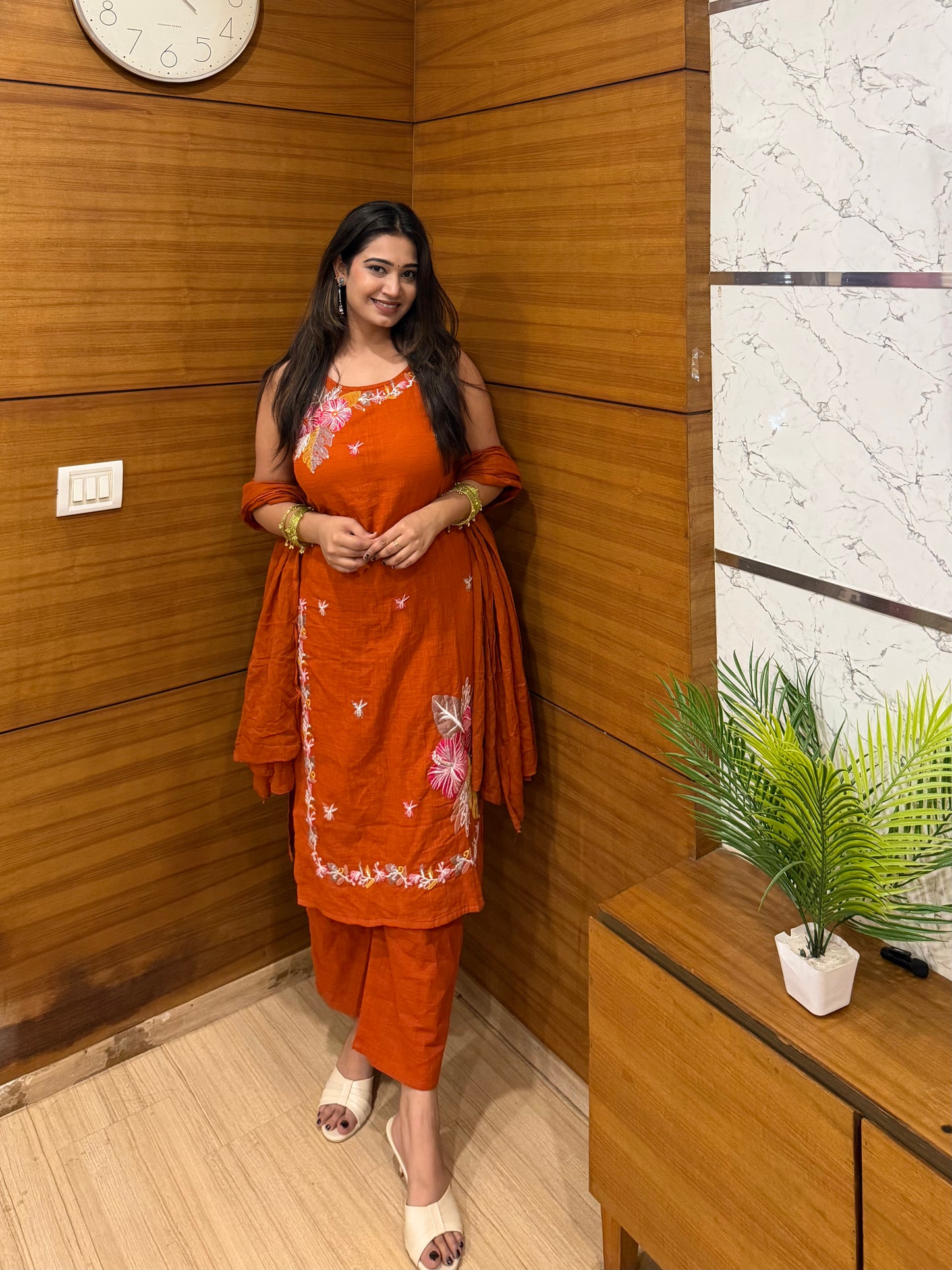Aarohi Rust Orange Embroidered Kurta Pant Dupatta Set