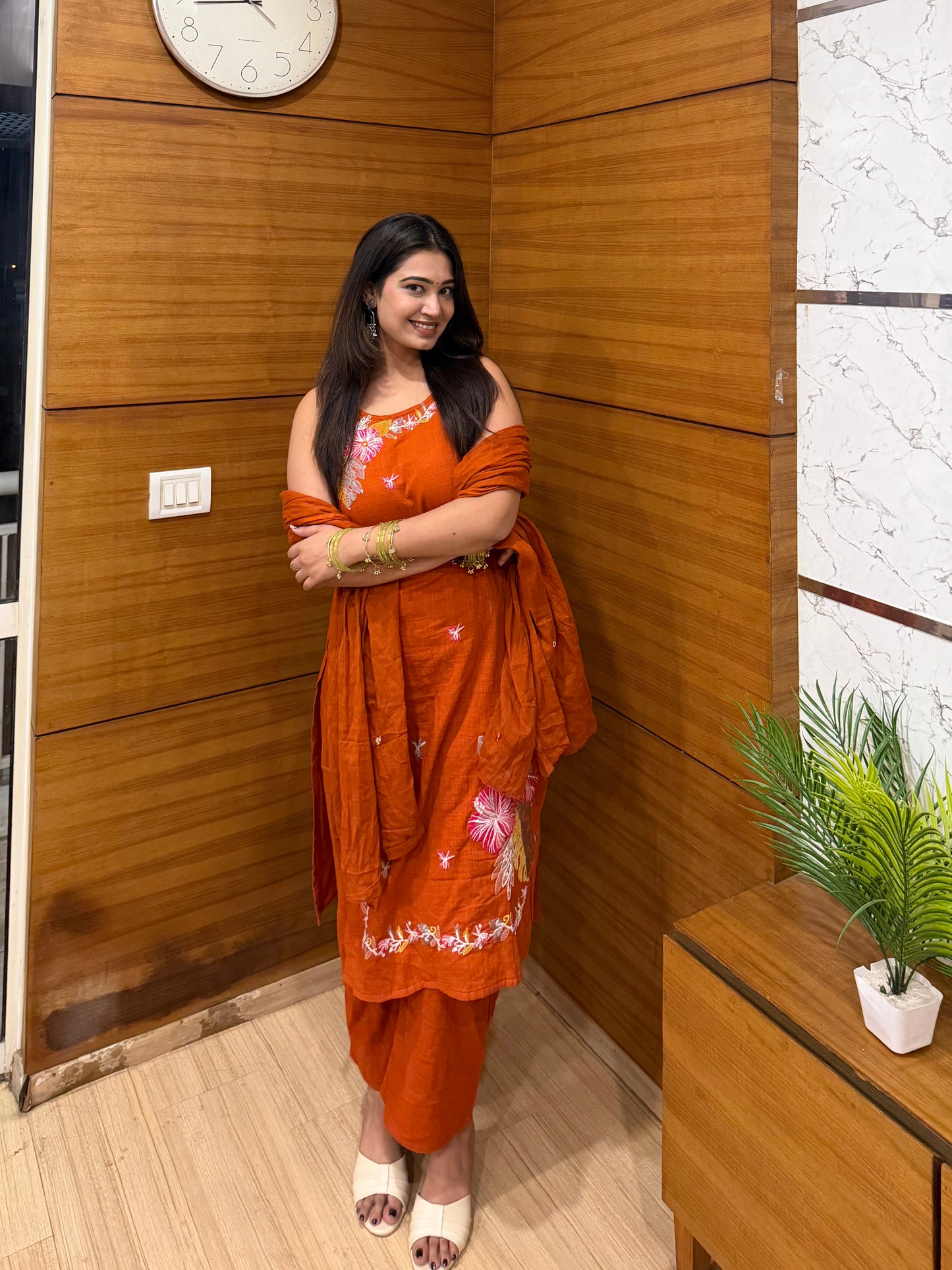 Aarohi Rust Orange Embroidered Kurta Pant Dupatta Set